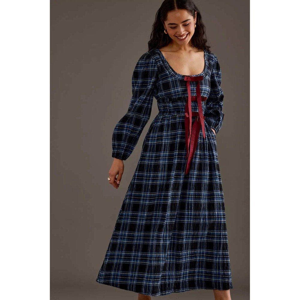 NEW Damson Madder Cotton Dakota Bow A-line Midi Dress Blue Plaid Women's Size 10
